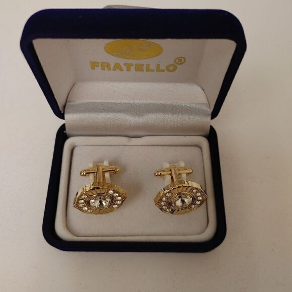 MEN'S FRATELLO GOLD ROUND CUFFLINKS WITH CLEAR STONES. - Picture 2 of 2
